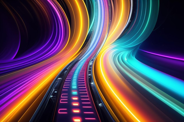 Un'immagine colorata di una strada con luci su di essa