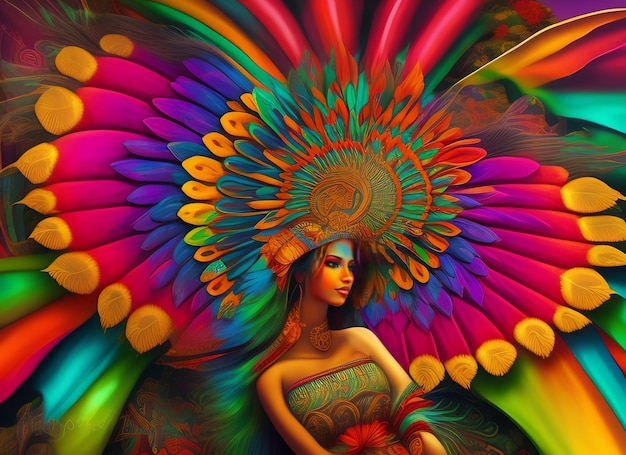 Un'immagine colorata di una donna con una piuma in testa