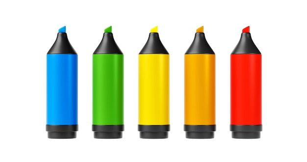 생생한 창의적인 색상 개념을 위한 교육 문구와 함께 흰색 배경에 격리된 다채로운 잉크 마커 펜 또는 드로잉 형광펜 그래픽 아트 디자인. 3d 렌더링.