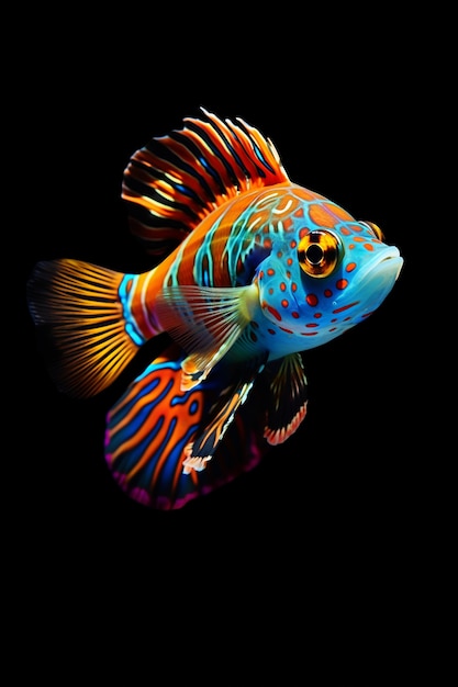 黒い背景の色鮮やかな複雑なパターンのある魚