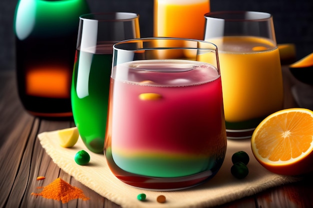 Colorful juices on a wooden table with a slice of lemon and green leaves on the table.