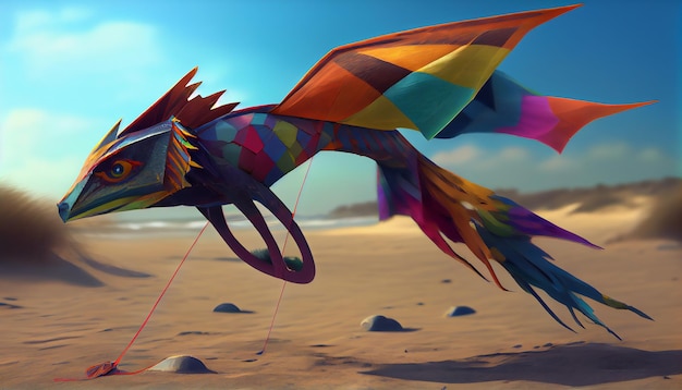 A colorful kite with a dragon head flying in the sky.