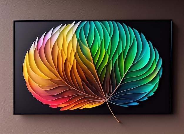 A colorful leaf painting with the colors of the rainbow.