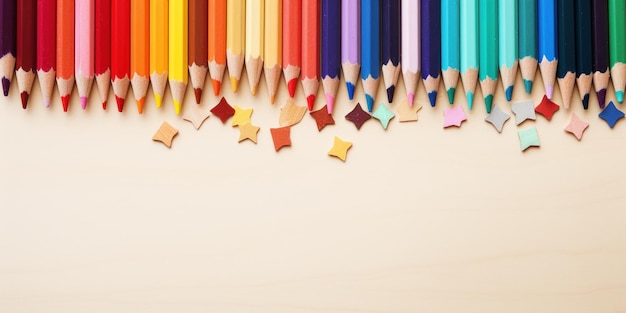 Free photo a colorful lineup of sharpened pencils scattered with shavings