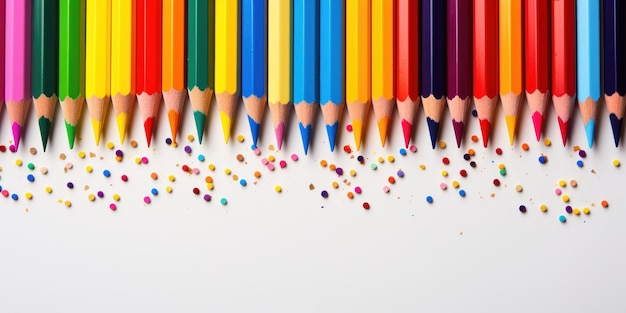 Free photo a colorful lineup of sharpened pencils scattered with shavings