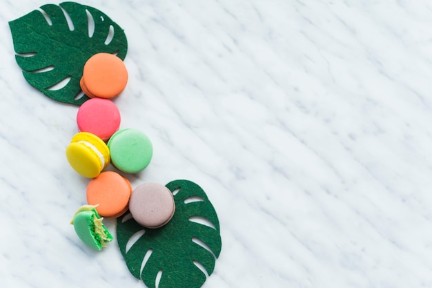 Colorful macaroons with fake monstera leaves over white marble background