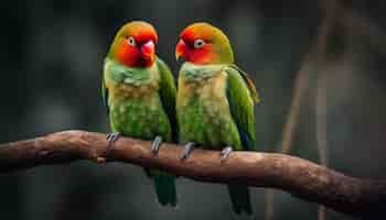 Free photo colorful macaw and lorikeet perching on branch looking at camera generated by ai