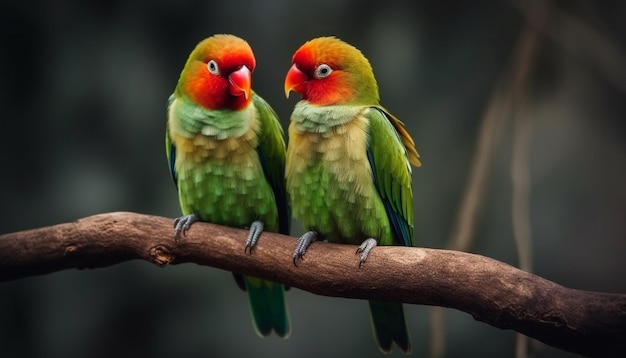 Красочные ара и лорикет сидят на ветке и смотрят в камеру, созданную ИИ