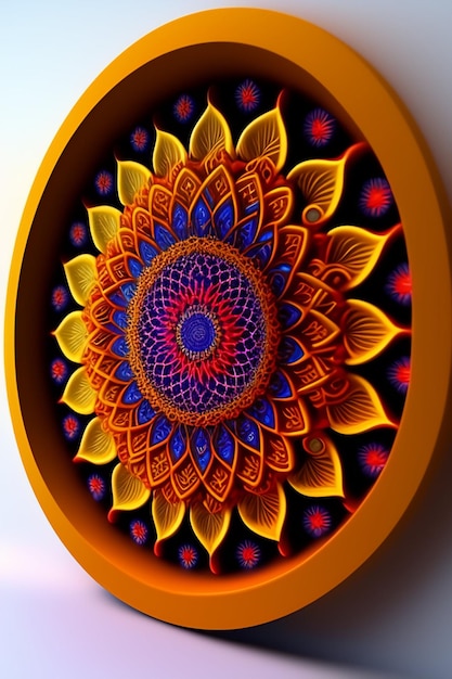 Foto gratuita un mandala colorato è esposto su una parete.