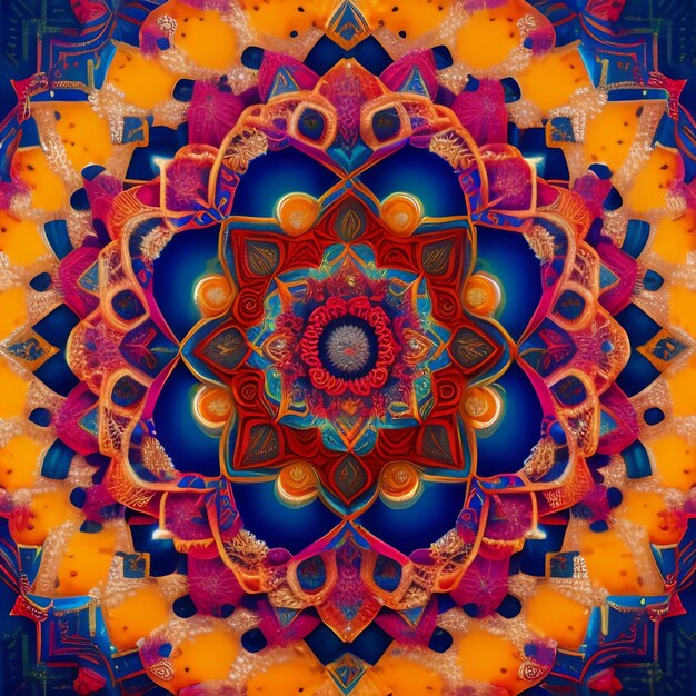 A colorful mandala with a blue background and a red and orange design.