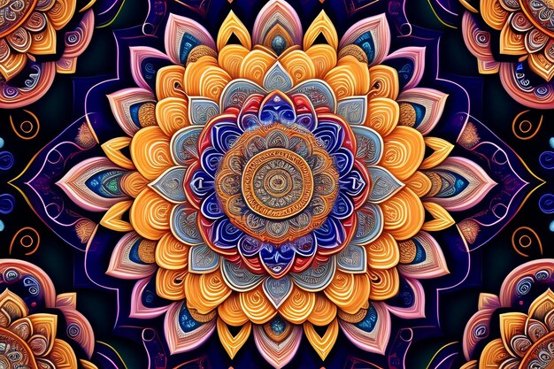 A colorful mandala with a blue background and the word lotus on it.