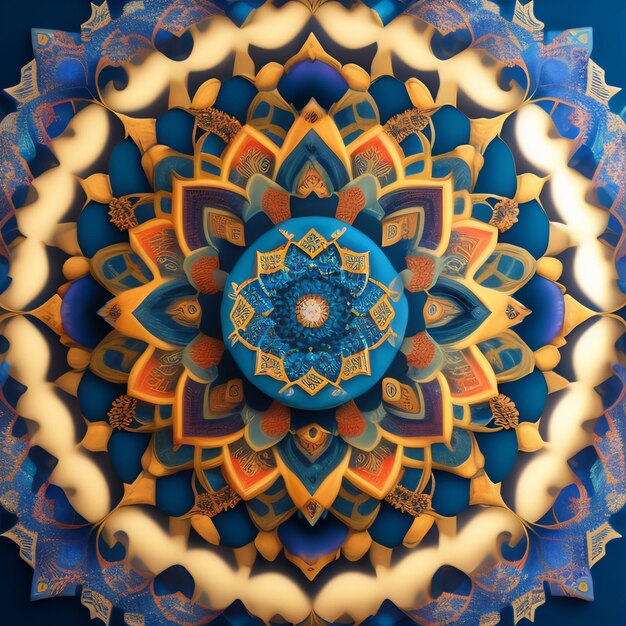 青色の背景に平和という言葉が描かれたカラフルな曼荼羅。