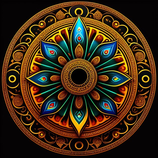 A colorful mandala with a large flower in the center.