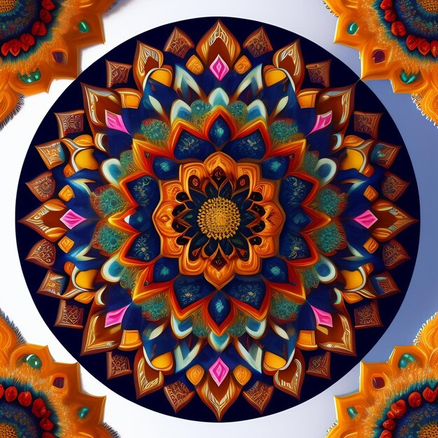 A colorful mandala with a pink and blue background.