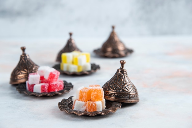 Colorful marmalade. Sweet snacks on table