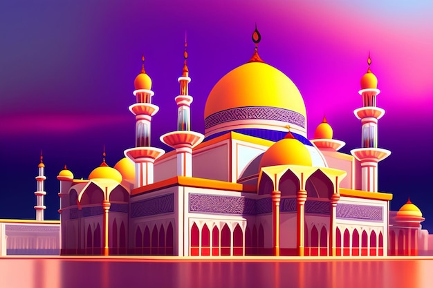 青い背景と上部に「モスク」の文字が入ったカラフルなモスク。