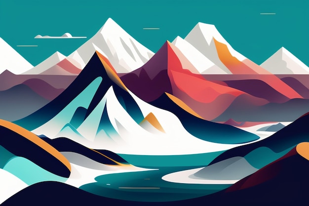 A colorful mountain range with a blue background.