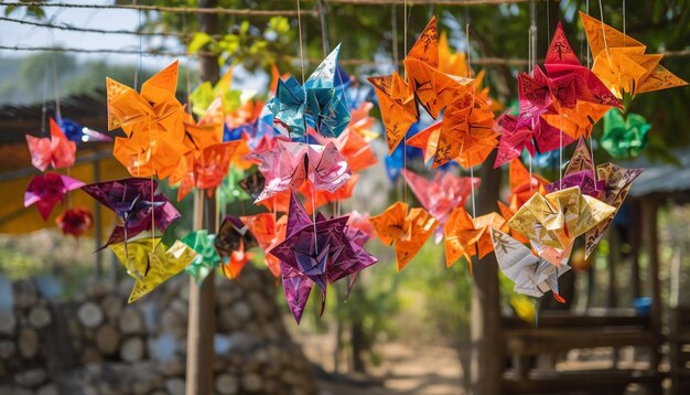 Free photo colorful origami birds hang from a tree in a forest.