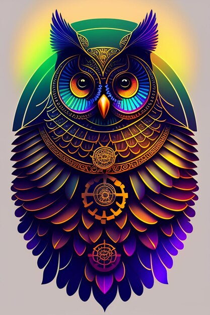 A colorful owl with a blue and yellow face