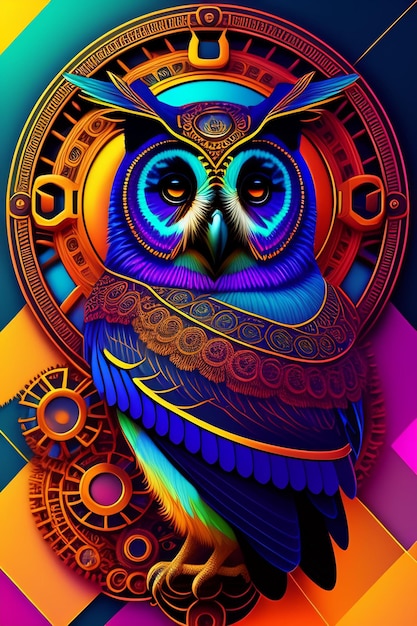 A colorful owl with a large eye and a large eye.