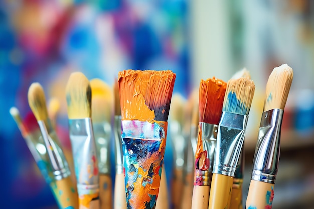 Free photo colorful paint brushes in painting studio ai generated image