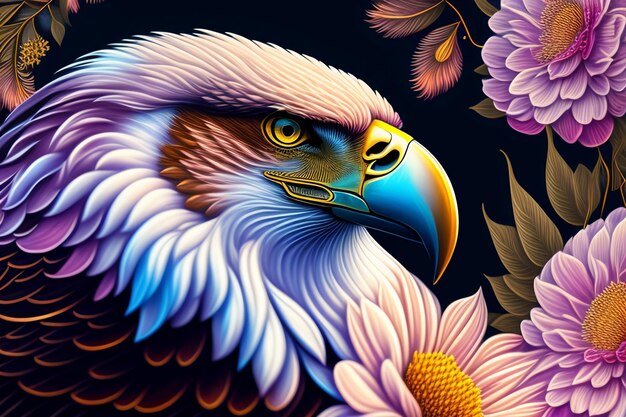 A colorful painting of a bird with a yellow beak and a pink flower on the left.