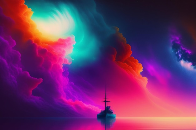 A colorful painting of a boat in the ocean with a pink and purple sky and a ship in the distance.