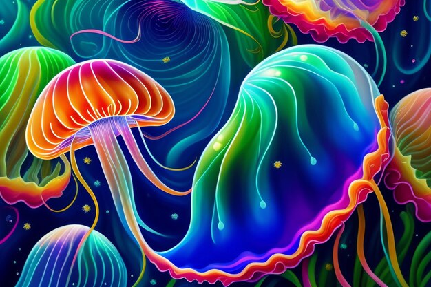 A colorful painting of jellyfish and a jellyfish