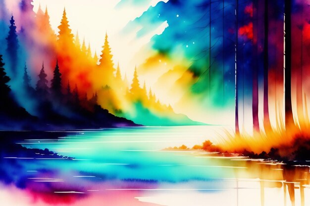 A colorful painting of a river with a forest in the background.