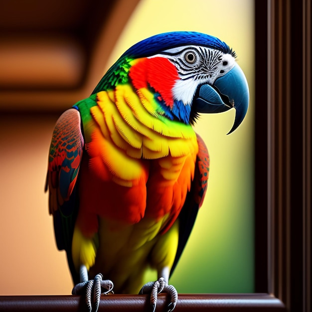Free photo a colorful parrot is perched on a brown pole.