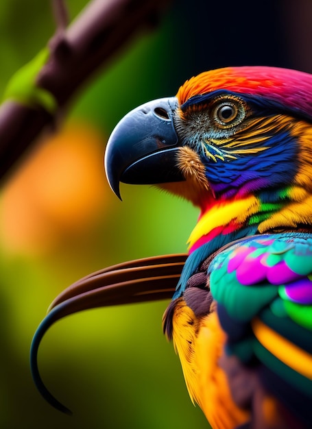 Красочный попугай с черным клювом и желтыми и зелеными перьями.