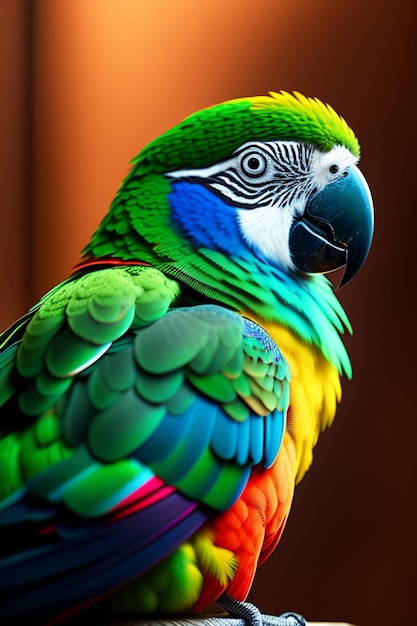 A colorful parrot with a black and green beak sits on a table.