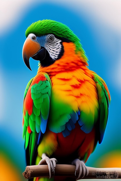 A colorful parrot with a green and red feather on its head.