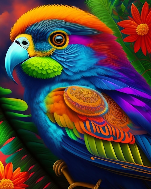 A colorful parrot with a red and yellow tail is sitting on a colorful background.