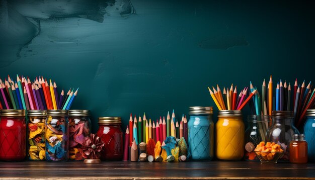 A colorful pencil arrangement on a wood desk sparks creativity generated by artificial intelligence