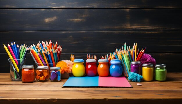 나무 책상 위에 배열된 다채로운 연필은 인공지능에 의해 생성된 창의성을 불러일으 ⁇ 니다.