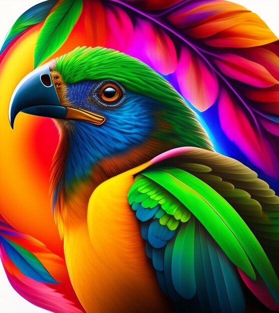 A colorful picture of a bird with a beak that says the word on it