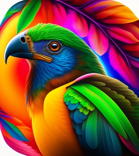 그것에 단어를 말하는 부리를 가진 새의 다채로운 그림