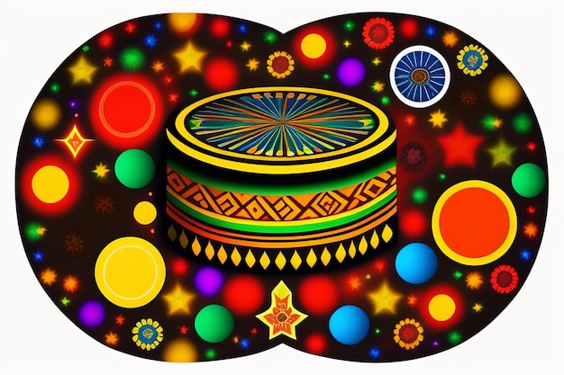 Un'immagine colorata con sopra una torta e una stella in basso.