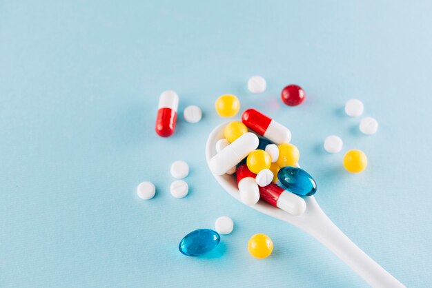 Colorful pills on spoon