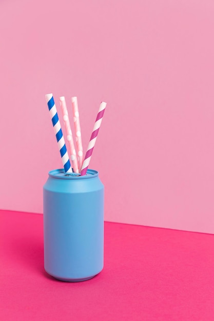 Colorful plastic straw collection in can