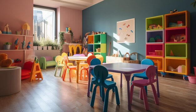 Красочная игровая комната с игрушками и учебными материалами, созданными искусственным интеллектом