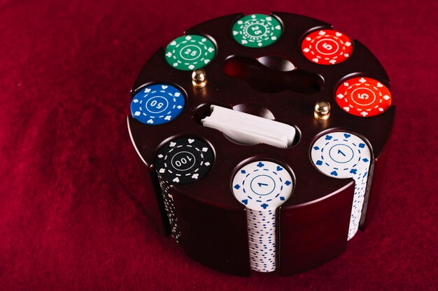 Colorful poker chip set in carousel case