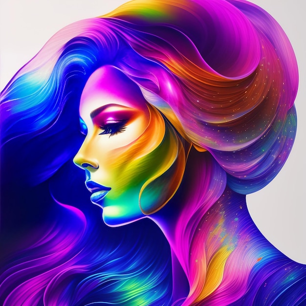 A colorful portrait of a woman with a rainbow hair