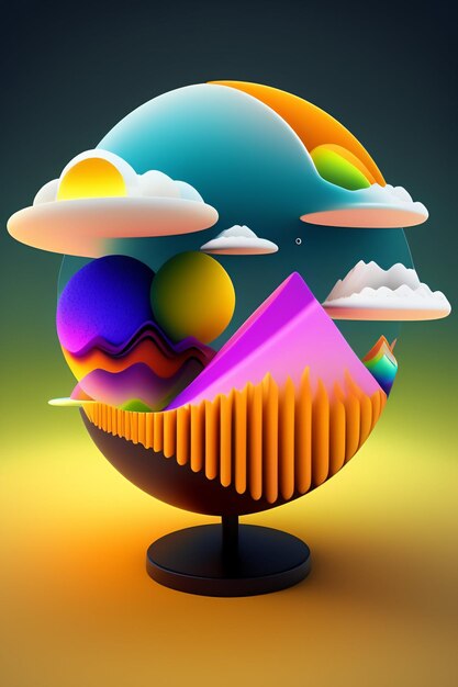 A colorful poster with a mountain and clouds on it