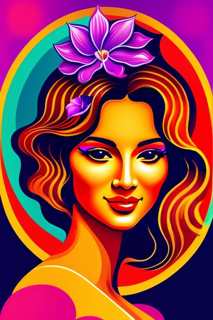 A colorful poster with a woman with a flower on her head.