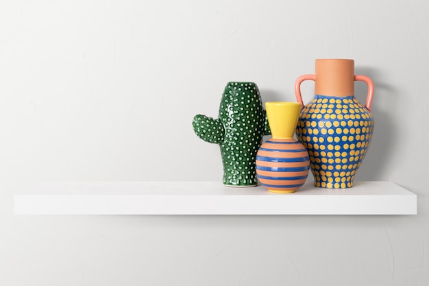 Free photo colorful pottery on a shelf home decor