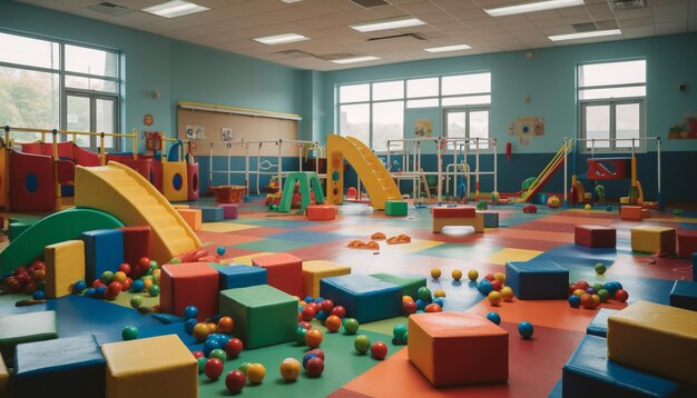 AI によって生成された遊び心のある子供たちでいっぱいのカラフルな幼稚園の建物