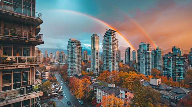 Бесплатное фото Цветная радуга появляется на небе над природным ландшафтом