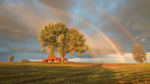 Free photo colorful rainbow appearing on the sky over nature landscape